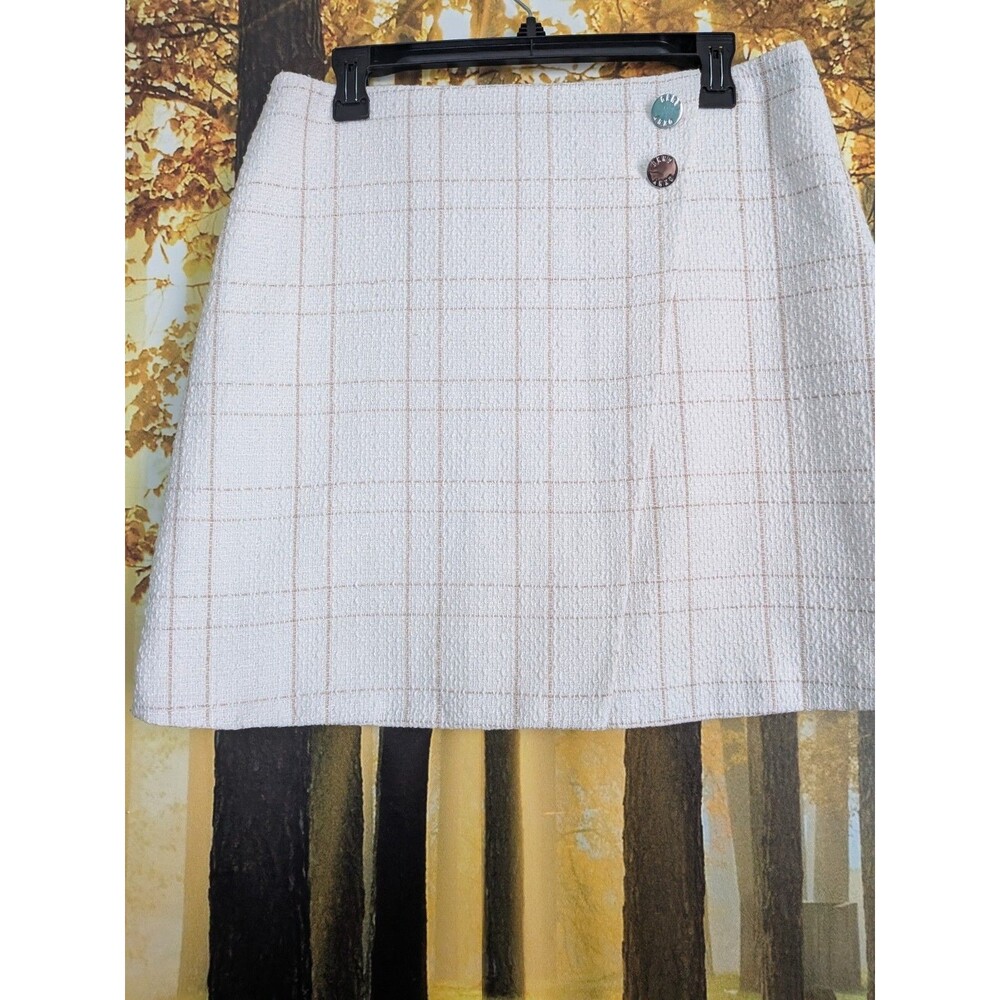 DKNY Mini Skirt Women's 10 Beige White Plaid Tweed Textured Lined Asymmetrical - Picture 4 of 14